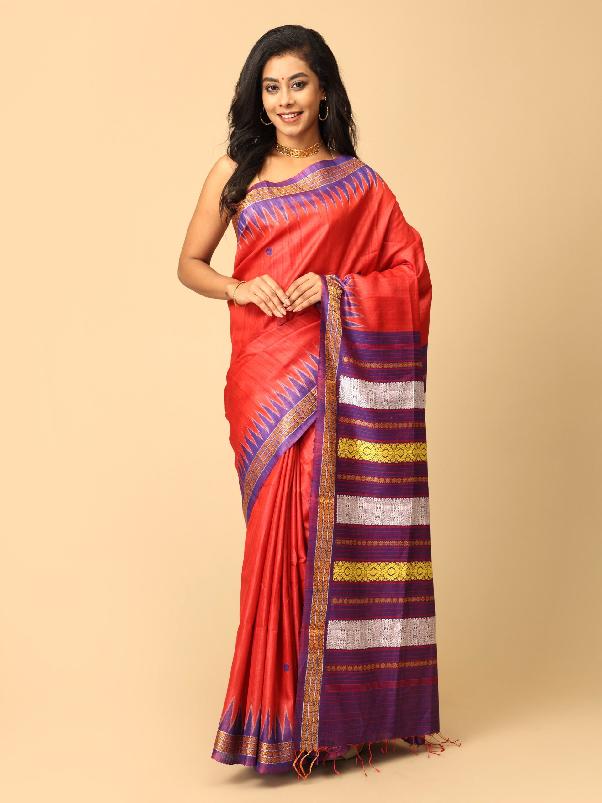 Tomato red and blue Tussar