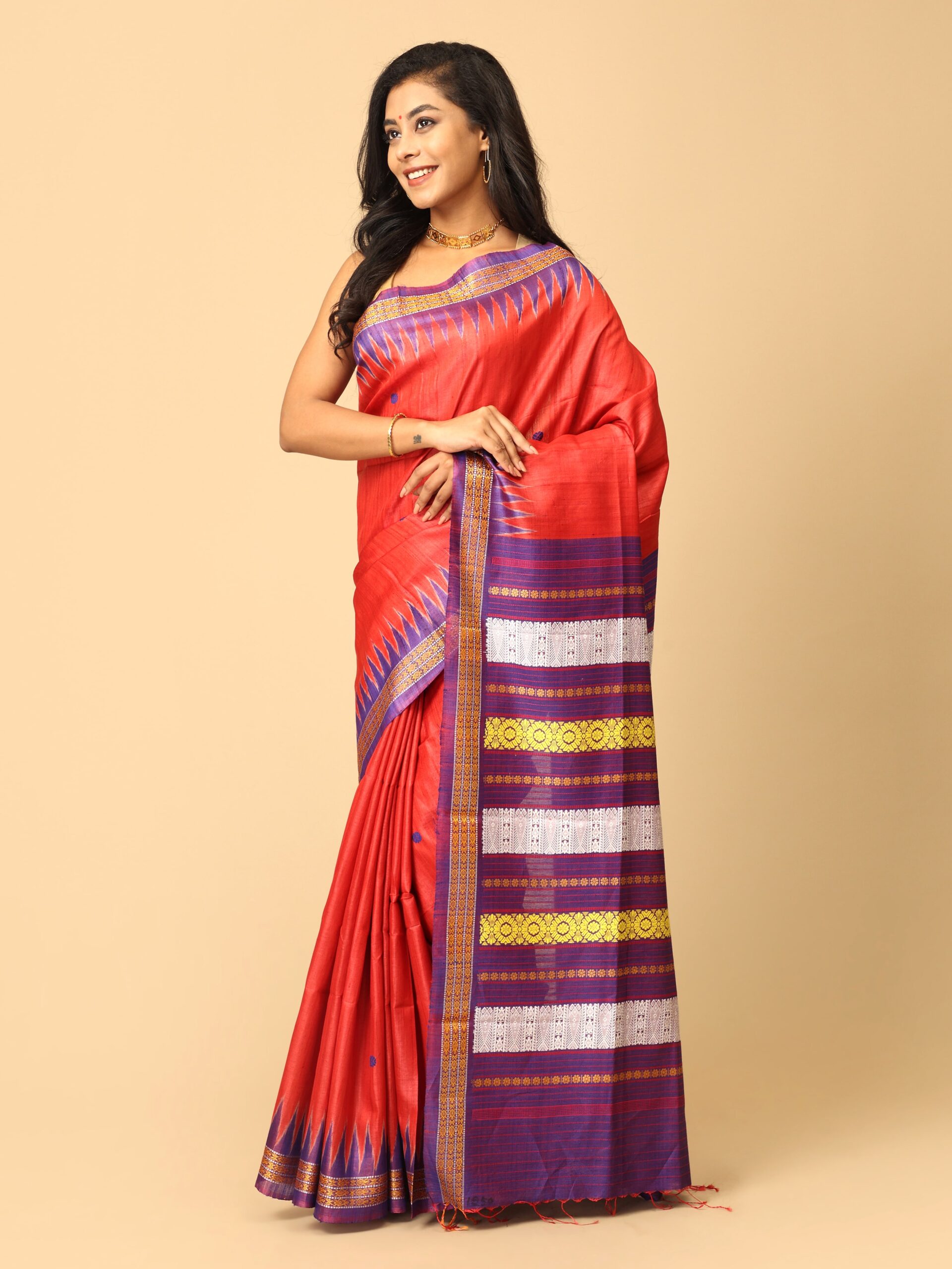 Tomato red and blue Tussar - Image 2