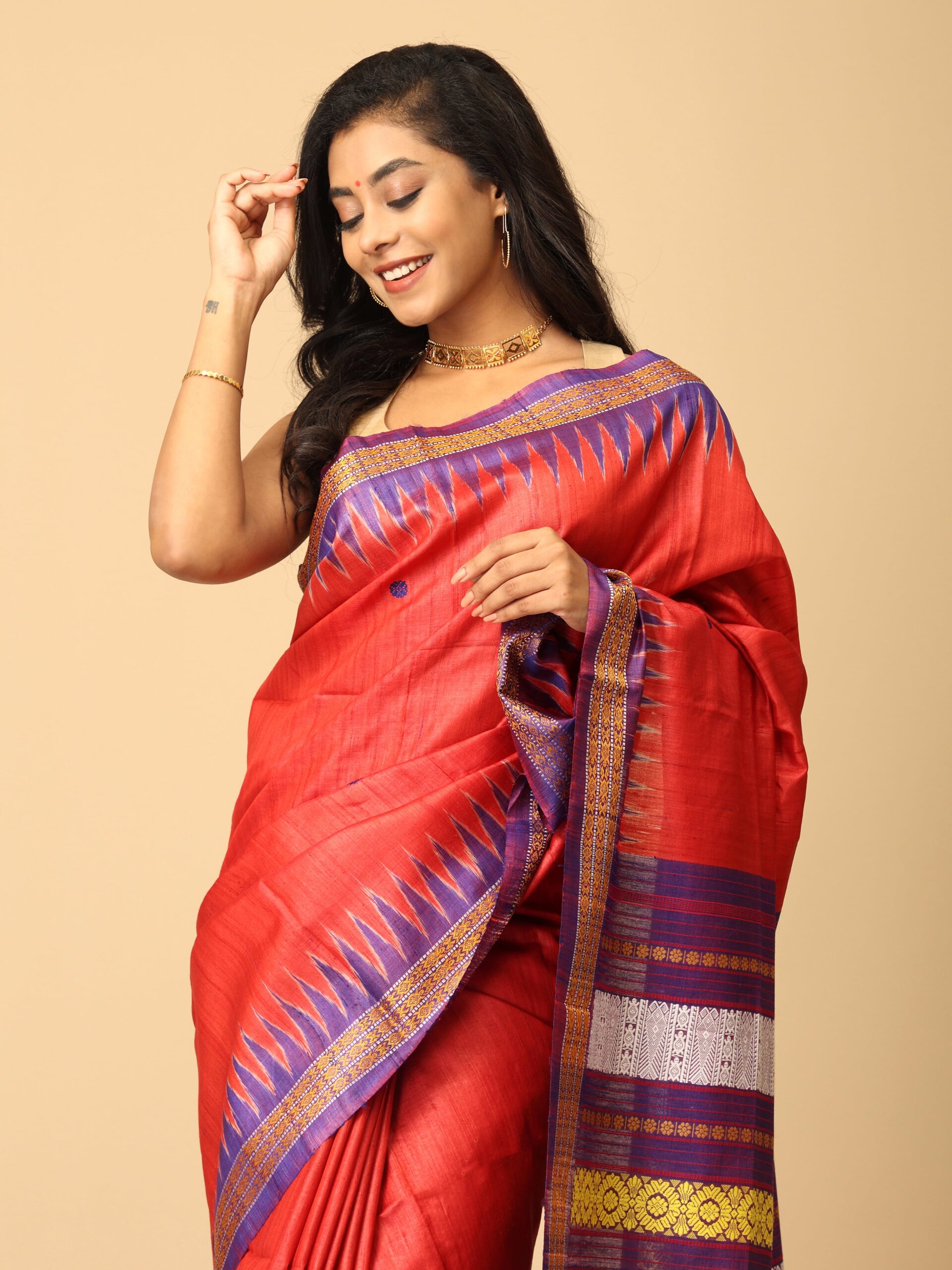 Tomato red and blue Tussar - Image 4