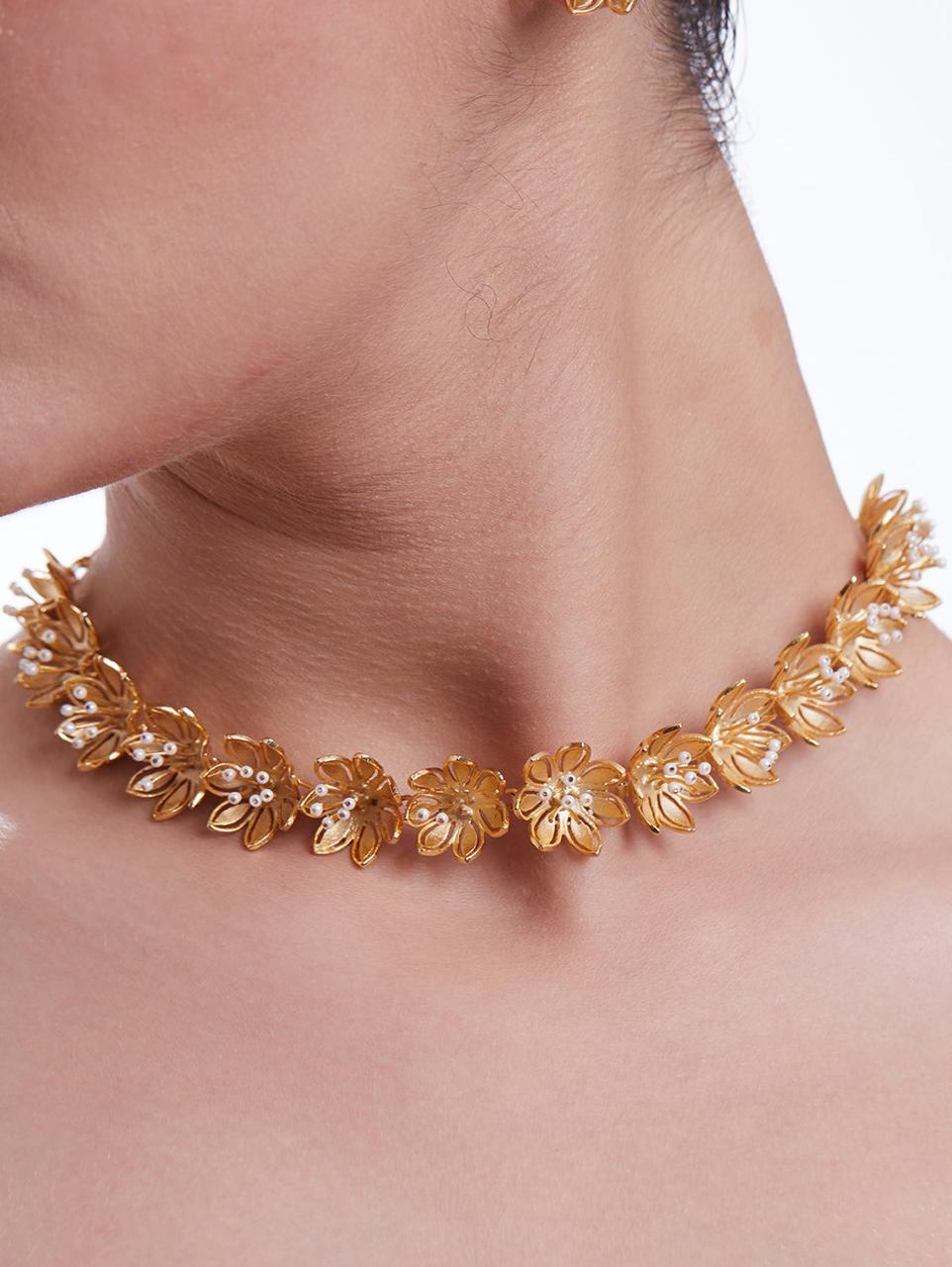 Ethnic andaz Pearly Golden Flower Necklace