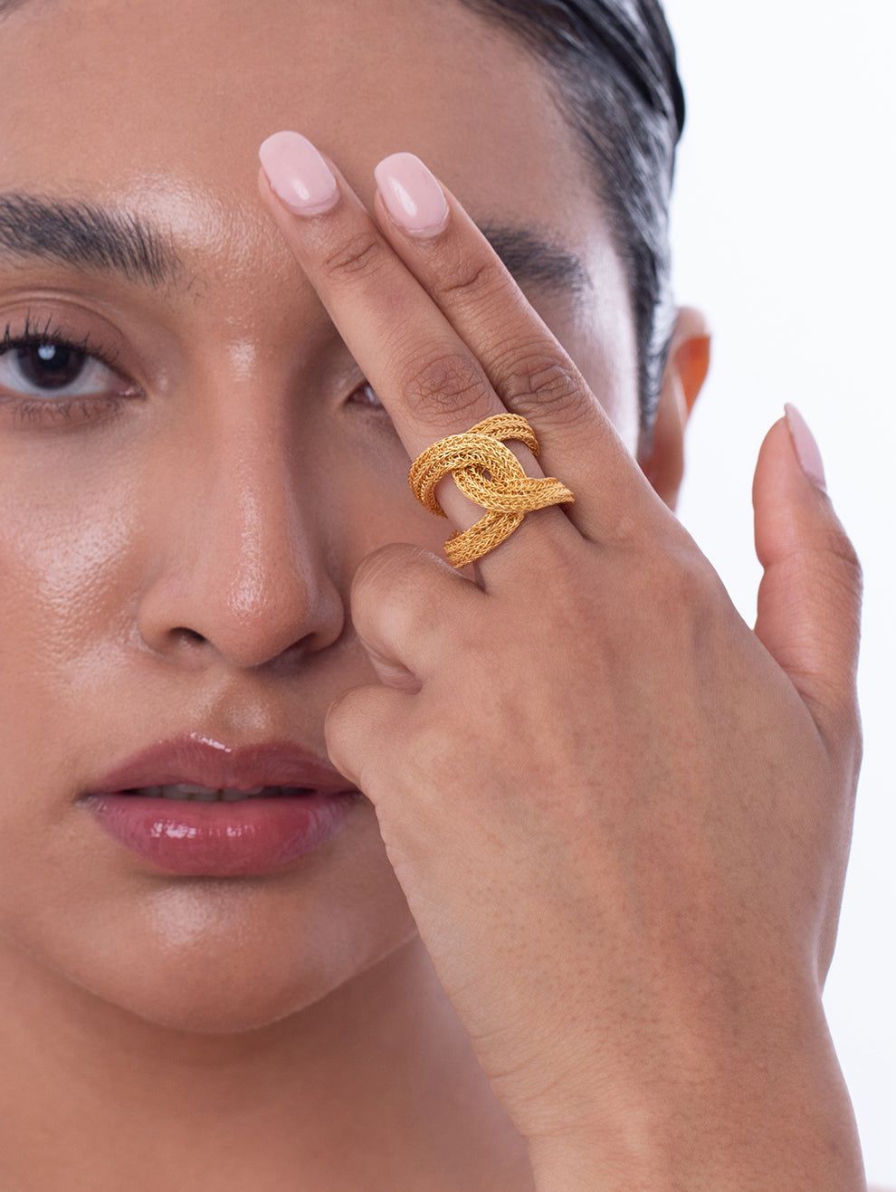 Ethnic andaz Double knotted golden mesh long ring